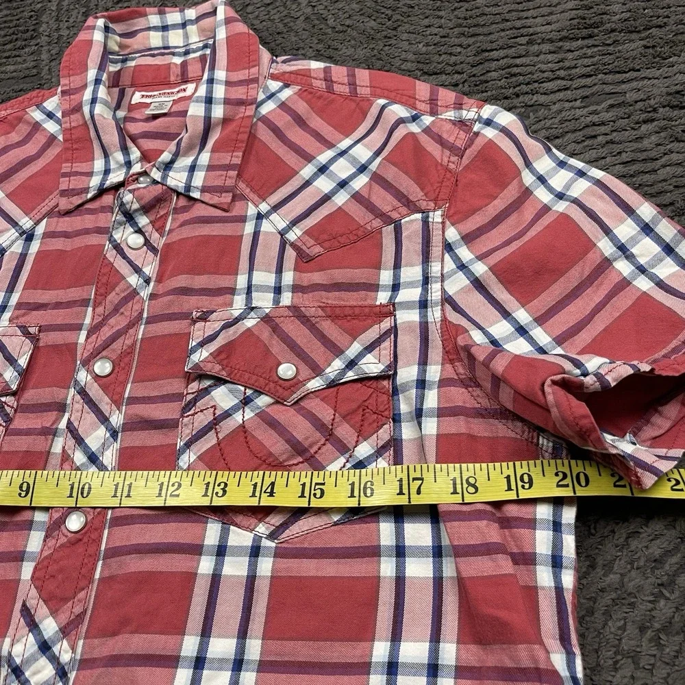 True Religion Brand Jeans Plaid Western Snap Shirt Men's M Short Sleeve Red Blue
